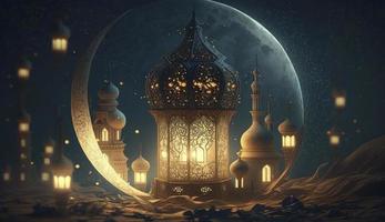 mosque and moon. 3d render and illustration, Generate Ai photo