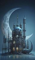 mosque and moon  on blue background. 3d render and illustration, Generate Ai photo