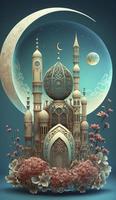 mosque and moon  on blue background. 3d render and illustration, Generate Ai photo