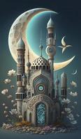 mosque and moon  on blue background. 3d render and illustration, Generate Ai photo