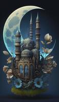 mosque and moon  on blue background. 3d render and illustration, Generate Ai photo