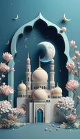 mosque and moon with flowers, pastel colors, on blue background. 3d render and illustration, , Generate Ai photo