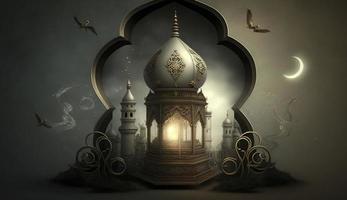 mosque and moon, 3d render and illustration, Generate Ai photo