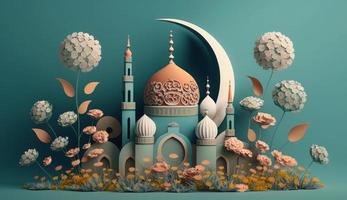 mosque and moon with flowers, pastel colors, on blue background. 3d render and illustration, , Generate Ai photo