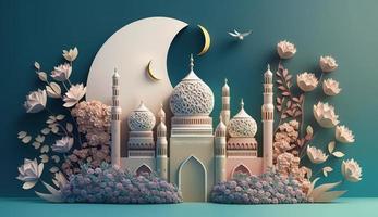 mosque and moon with flowers, pastel colors, on blue background. 3d render and illustration, , Generate Ai photo