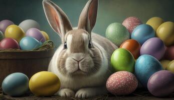 Happy Easter Bunny with many colorful easter eggs. . photo