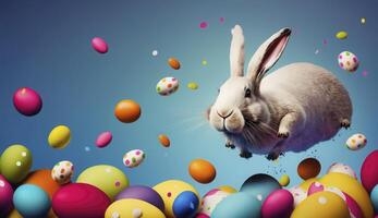 Happy Easter Bunny with many colorful easter eggs. . photo