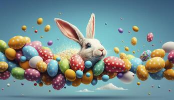 Happy Easter Bunny with many colorful easter eggs. . photo