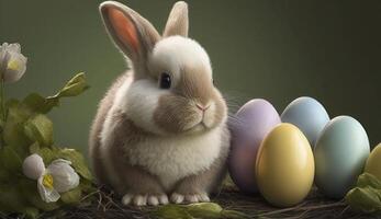 Happy Easter Bunny with many colorful easter eggs. . photo