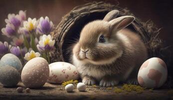 Happy Easter Bunny with many colorful easter eggs. . photo