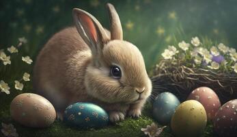 Happy Easter Bunny with many colorful easter eggs. . photo
