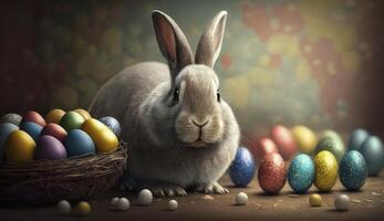 Happy Easter Bunny with many colorful easter eggs. . photo