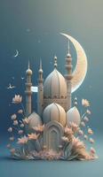 mosque and moon on blue background. 3d render and illustration, Generate Ai photo