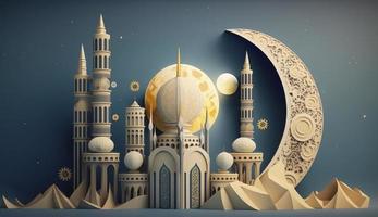 mosque and moon  on blue background. 3d render and illustration, Generate Ai photo