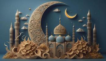 mosque and moon  on blue background. 3d render and illustration, Generate Ai photo