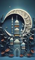 mosque and moon  on blue background. 3d render and illustration, Generate Ai photo