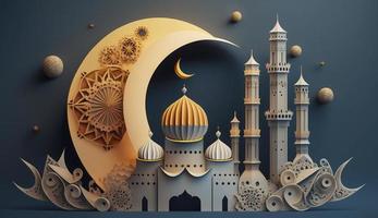 mezquita y Luna en azul antecedentes. 3d hacer y ilustración, generar ai foto