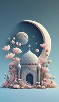 mosque and moon on blue background. 3d render and illustration, Generate Ai photo