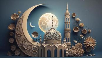 mezquita y Luna en azul antecedentes. 3d hacer y ilustración, generar ai foto