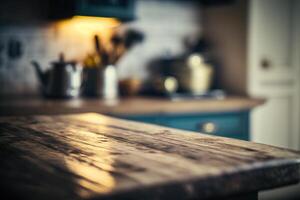 Kitchen wooden table top with blur background. photo