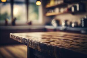 Kitchen wooden table top with blur background. AI Generated photo