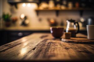 Kitchen wooden table top with blur background. photo