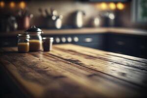 Kitchen wooden table top with blur background. photo