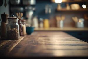 Kitchen wooden table top with blur background. photo