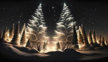 Glowing Christmas trees as panorama background, Generate Ai photo