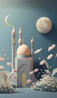 mezquita y Luna con flores, pastel colores, en azul antecedentes. 3d hacer y ilustración, , generar ai foto