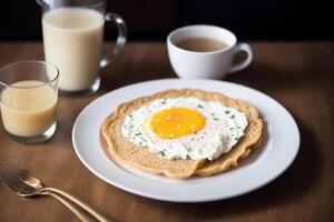 Breakfast with fried eggs and toast on white plate, closeup. photo