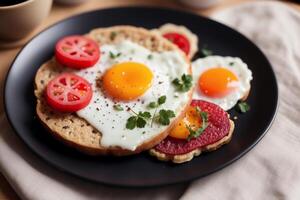 Breakfast with fried eggs and toast on white plate, closeup. photo