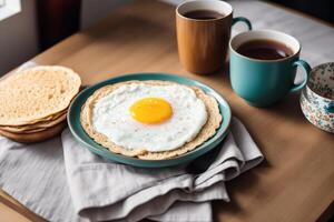 Breakfast with fried eggs and toast on white plate, closeup. photo