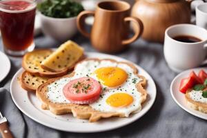 Breakfast with fried eggs and toast on white plate, closeup. photo