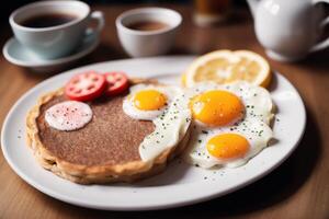 Breakfast with fried eggs and toast on white plate, closeup. photo