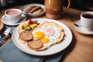 Breakfast with fried eggs and toast on white plate, closeup. photo
