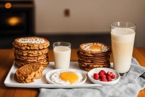 Breakfast with fried eggs and toast on white plate, closeup. photo
