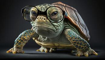 Cute little green turtle with glasses in front of studio background. . photo