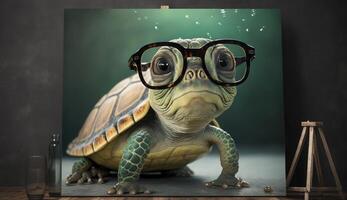 Cute little green turtle with glasses in front of studio background. . photo