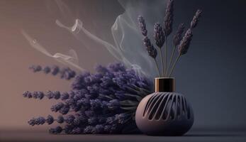 Close up lavender with scent perfume smoke , photo