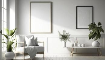 Mockup poster frame on the wall of living room. Luxurious apartment background with contemporary design. Modern interior design. 3D render, 3D illustration, Generate Ai photo