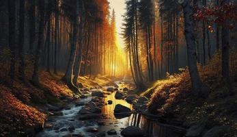 Autumn forest and forest stream at sunset, Generate Ai photo