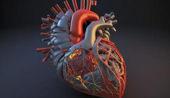 humano corazón, 3d realista aislado. anatómicamente correcto corazón con vascular sistema, humano corazón, corazón - interno Organo, ilustración, Tres dimensional, generar ai foto