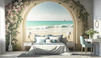 Beach bedroom interior Modern and Luxury vacation with full flower decoration 3d render, Generate Ai photo