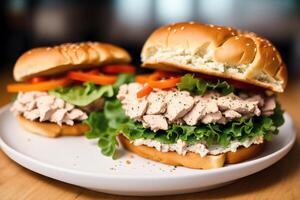 Sandwich with ham, cheese and salad on a white plate. sandwich with tuna and vegetables. photo