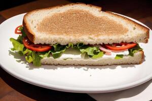 Sandwich with ham, cheese and salad on a white plate. sandwich with tuna and vegetables. photo