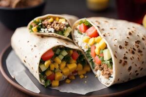 Sandwich with ham, cheese and salad on a white plate. sandwich with tuna and vegetables. photo