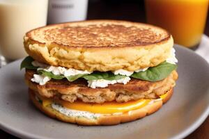 Sandwich with ham, cheese and salad on a white plate. sandwich with tuna and vegetables. photo