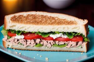 Sandwich with ham, cheese and salad on a white plate. sandwich with tuna and vegetables. photo