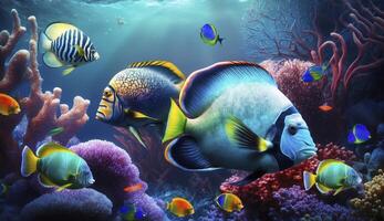 Animals of the underwater sea world. Ecosystem. Colorful tropical fish. Life in the coral reef. photo